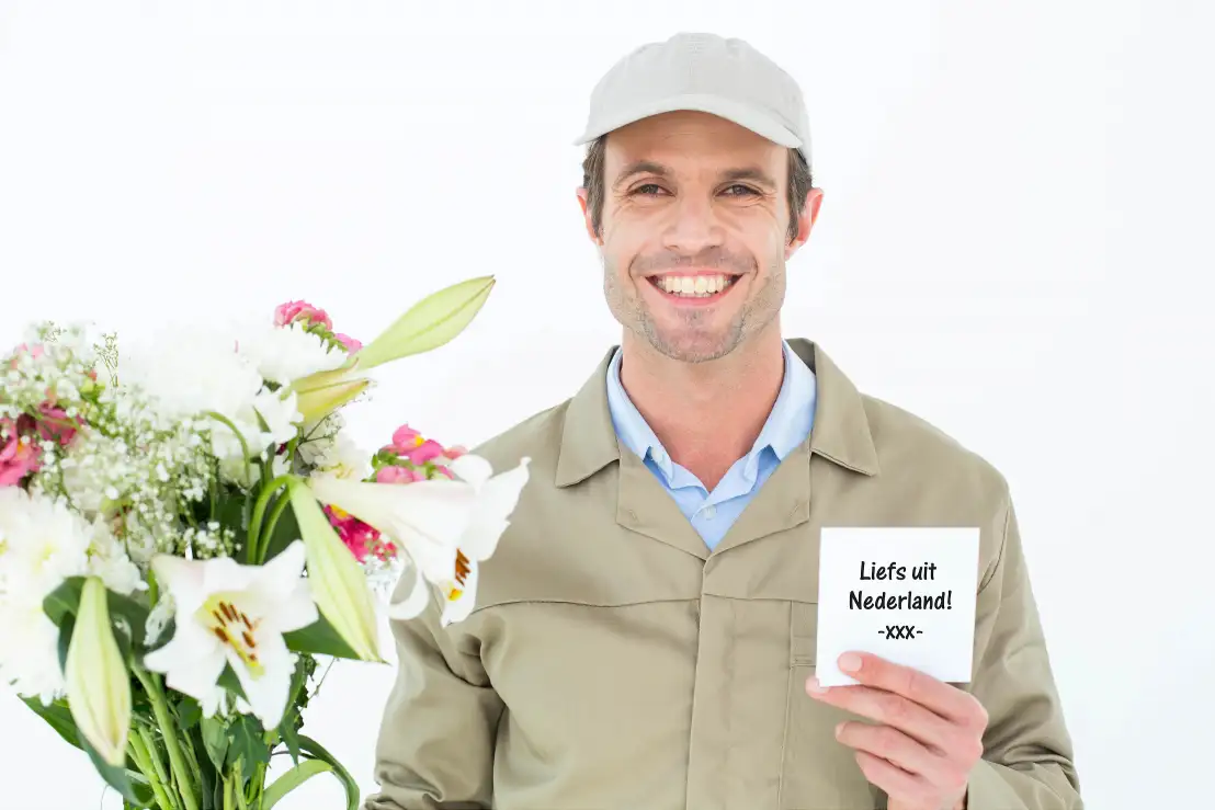 Bloemen bezorger komt boeket afleveren in buitenland