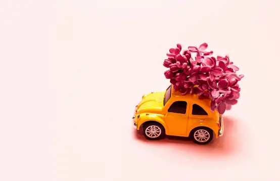 Kleine auto met bloemen om te bezorgen