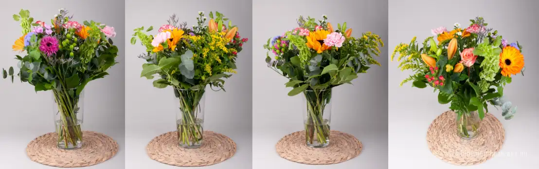Een boeket bloemen bekeken vanaf verschillende kanten waarbij je de mix van kleurige bloemen goed kunt zien