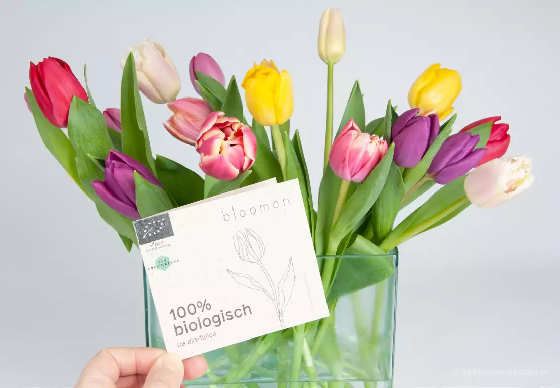 De tulpen in een rechthoekige vaas met daarbij een kaartje over hoe je de bloemen het beste kunt schikken tot een mooi boeket.