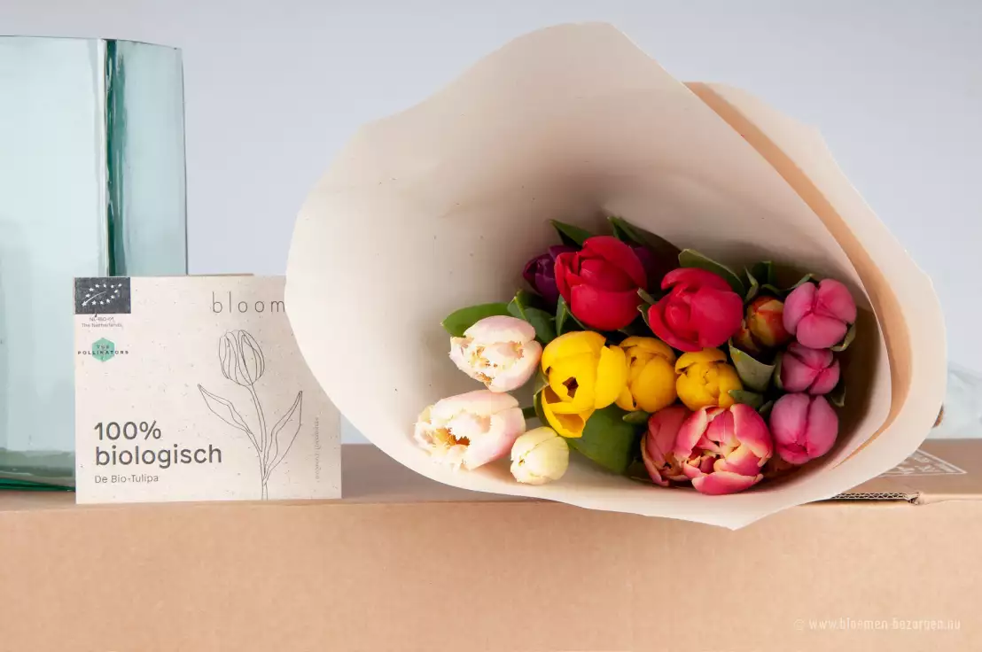 De tulpen zijn 100 procent biologisch en zijn een mix van verschillende soorten en kleuren