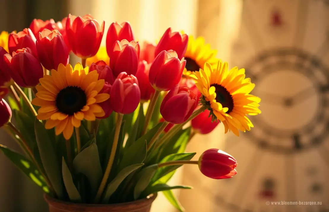 Een levendig boeket rode tulpen en zonnebloemen in een rustieke vaas, met een zwakke astrologische achtergrond.