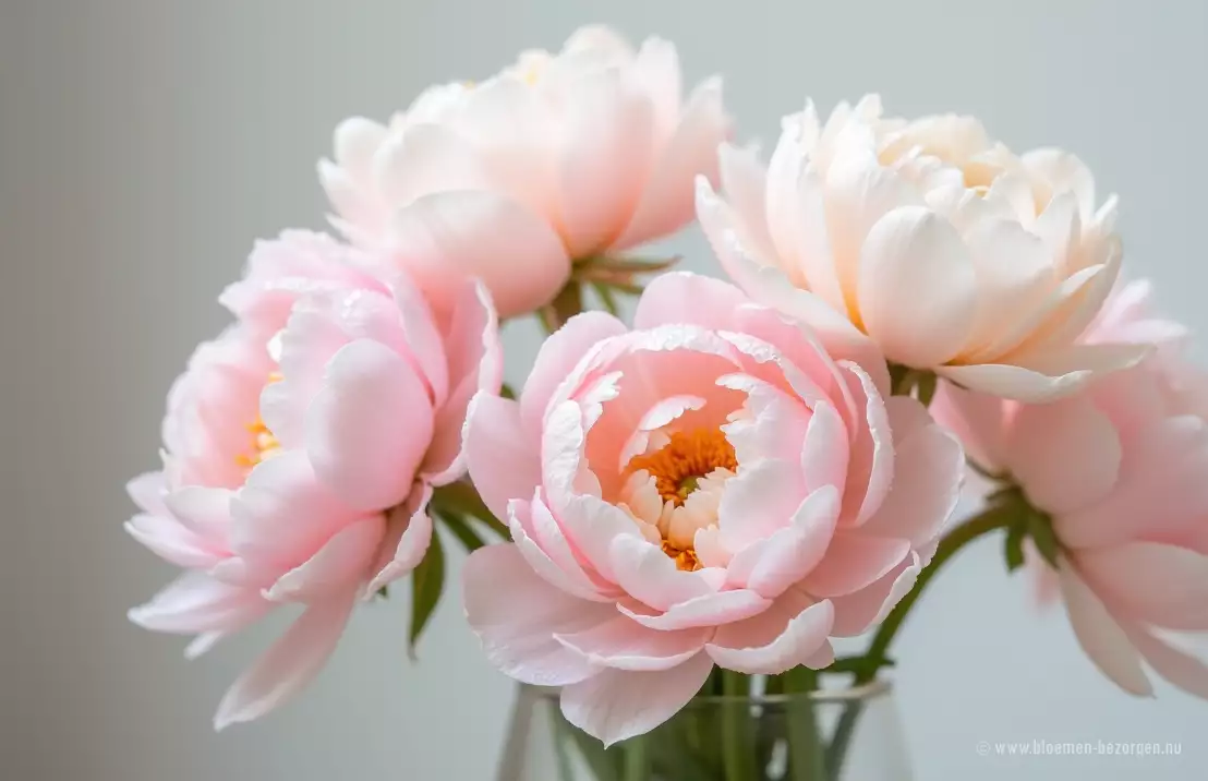 Zachte pastelkleurige pioenrozen en fresia's in een delicate glazen vaas, met dauwdruppels op de bloemblaadjes.