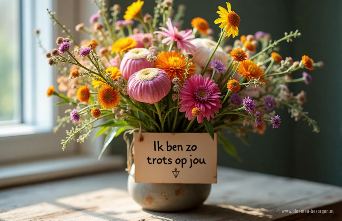 Een kleurrijk boeket wilde bloemen in een rustieke vaas met een handgeschreven kaartje met de tekst 'Omdat ik aan je dacht'.