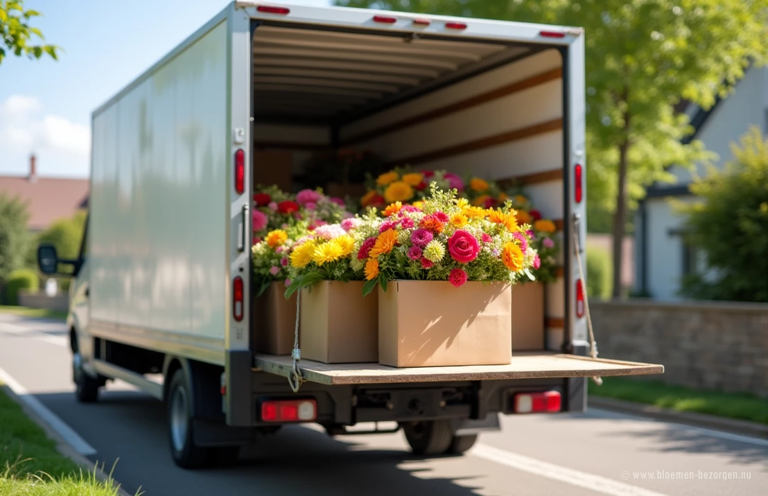 Een bezorgwagen met klimaatregeling, die kleurrijke zomerbloemen op een zonnige dag vervoert. De nadruk ligt op de moderne logistiek en zorgvuldige behandeling van de bloemen.