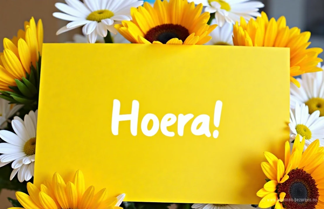 Een vrolijke bos zonnebloemen en madeliefjes met een kaartje met de tekst 'Gefeliciteerd met deze geweldige prestatie!'