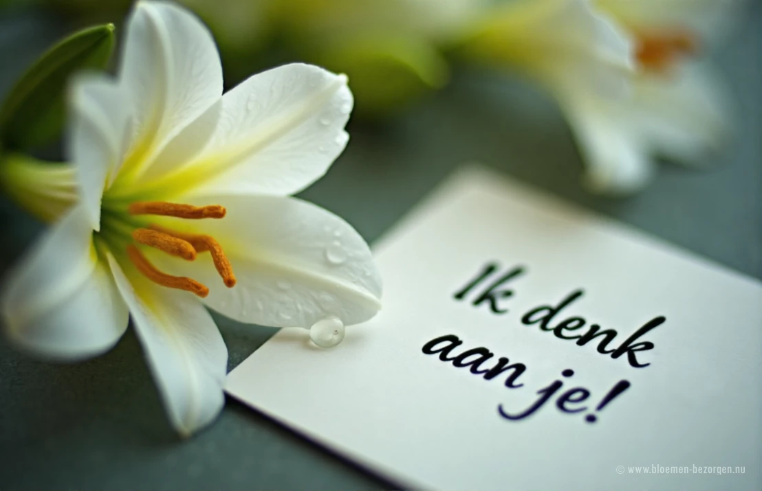 Een close-up van een witte lelie met een druppel water, naast een delicaat kaartje met de tekst 'Mijn hart is bij je'.