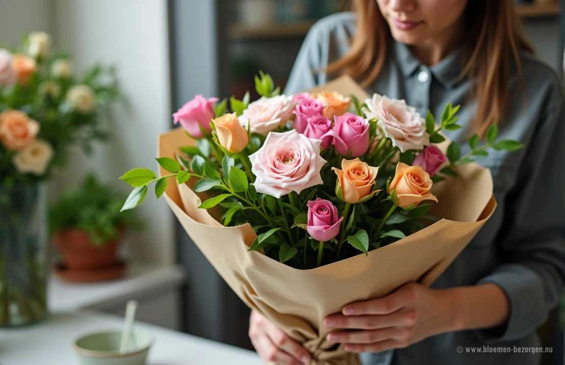 Een close-up van een bloemist die zorgvuldig bloemstelen hydrateert en een boeket verpakt met beschermende materialen. Laat de nauwgezette zorg zien om de versheid te garanderen.