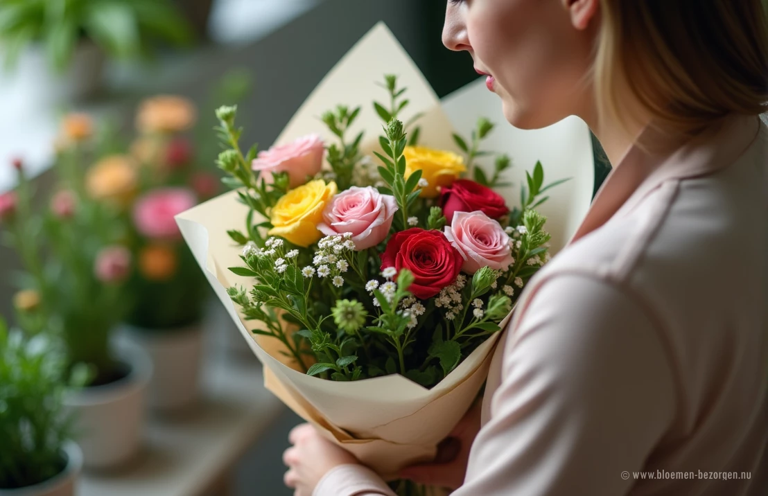 Een close-up van een bloemist die zorgvuldig bloemstelen hydrateert en een boeket verpakt met beschermende materialen. Laat de nauwgezette zorg zien om de versheid te garanderen.