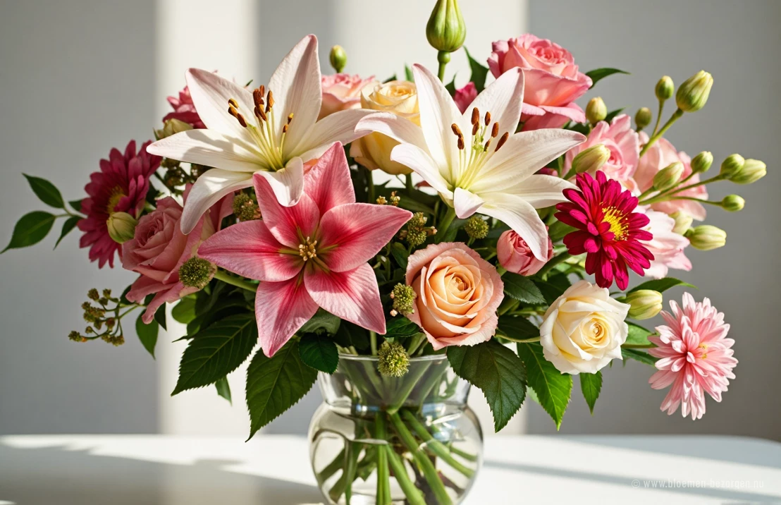 Een weelderige boeket lelies, rozen en chrysanten in een kristallen vaas, met zachte belichting, benadrukt de details en levendige kleuren.