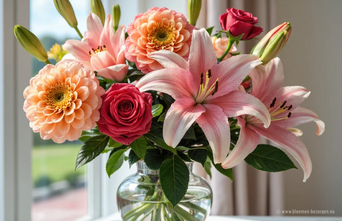 Een weelderige boeket lelies, rozen en chrysanten in een kristallen vaas, met zachte belichting, benadrukt de details en levendige kleuren.