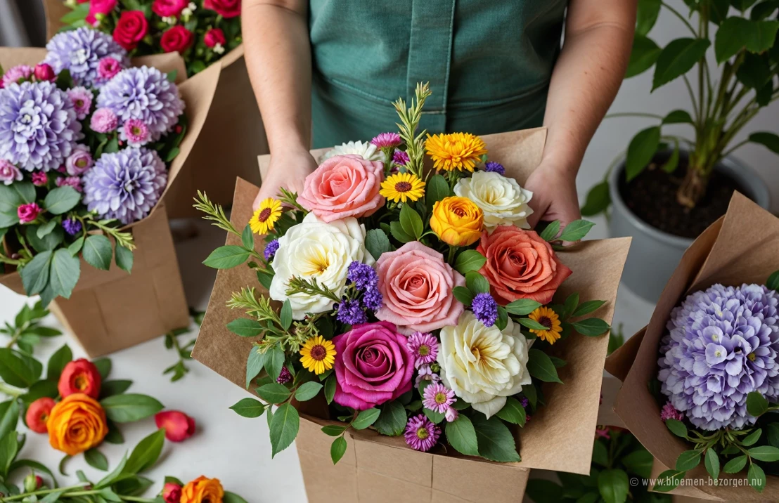 Van bovenaf genomen foto van een divers boeket biologische bloemen die zorgvuldig verpakt worden met duurzame materialen.