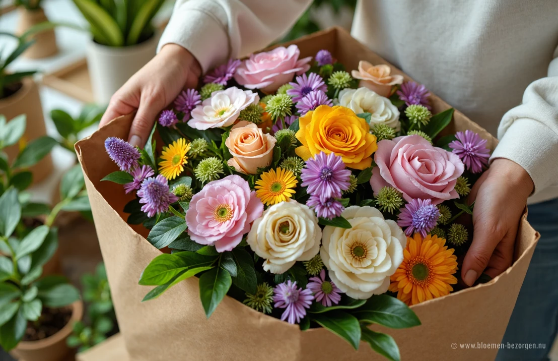 Van bovenaf genomen foto van een divers boeket biologische bloemen die zorgvuldig verpakt worden met duurzame materialen.