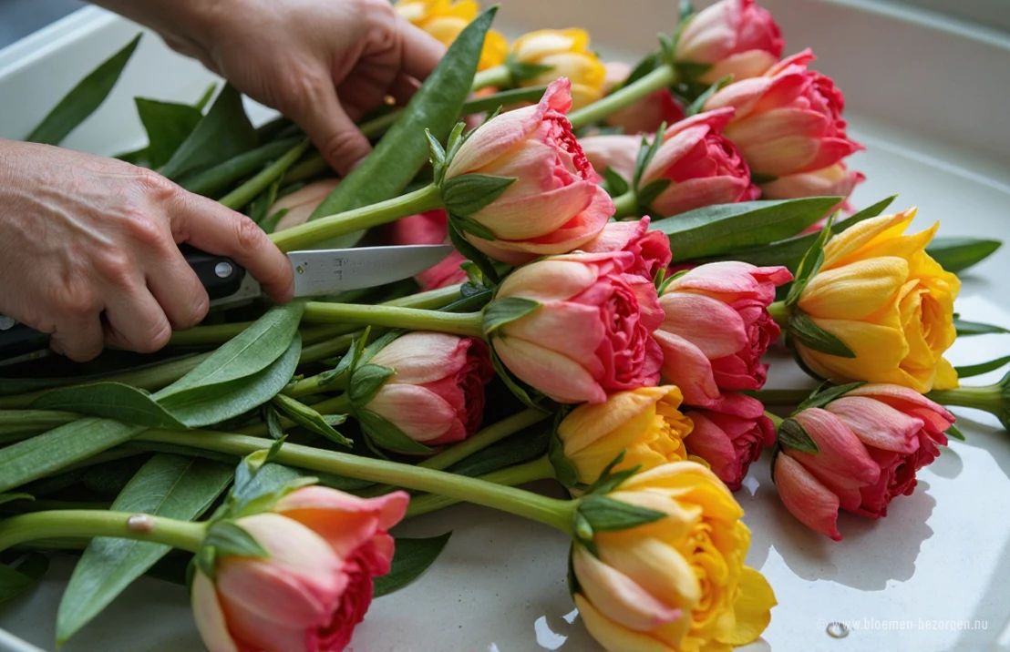 Een minimalistische foto van bloemstelen die worden voorbereid in een spoelbak, met een scherp mes en glinsterende waterdruppels, benadrukkend de zorgvuldigheid van het vers houden.
