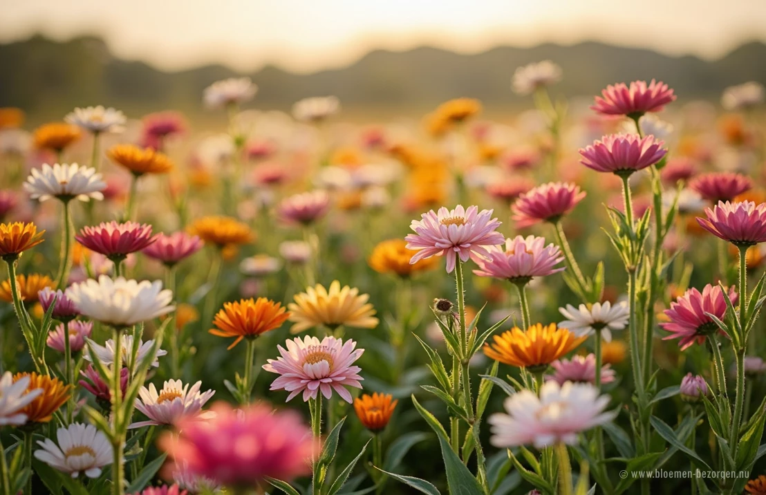 Weelderig landschap met een veld van duurzaam geteelde bloemen in verschillende kleuren, vastgelegd tijdens het gouden uur.