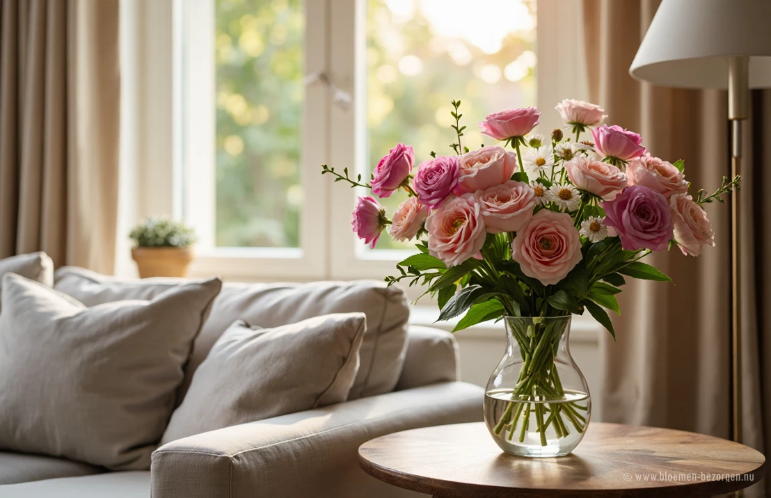Boeket bloemen op een tafeltje bij de bank in de woonkamer, maar iets uit het directe zonlicht